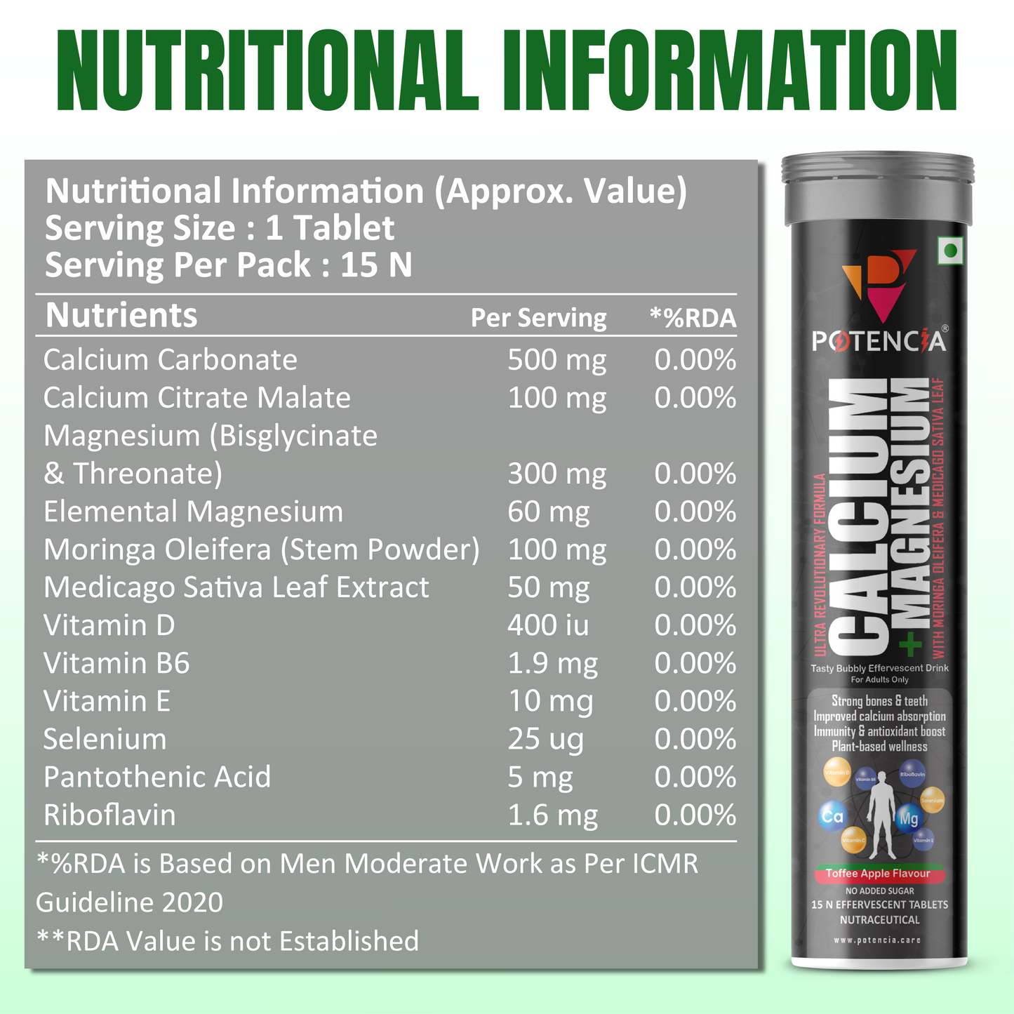 Potencia Calcium + Magnesium Effervescent Tablets | Dual Magnesium & Dual Calcium | With Moringa, Medicago & Sativa | 15 Tabs/Bottle
