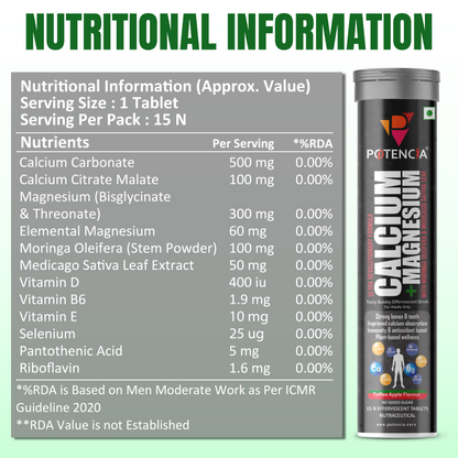 Potencia Calcium + Magnesium Effervescent Tablets | Dual Magnesium & Dual Calcium | With Moringa, Medicago & Sativa | 15 Tabs/Bottle