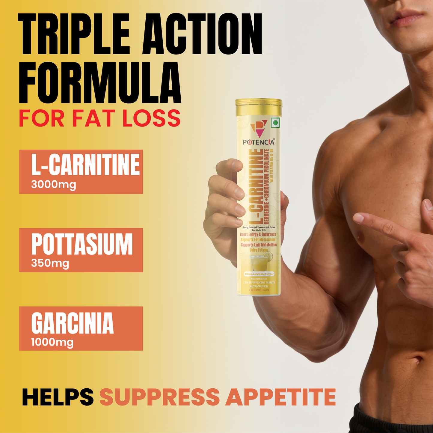 Potencia (Pack of 3) L-Carnitine Effervescent Tablets with Berberine, Chromium Picolinate, Vitamin B5 & B6 | Energy & Fat Metabolism
