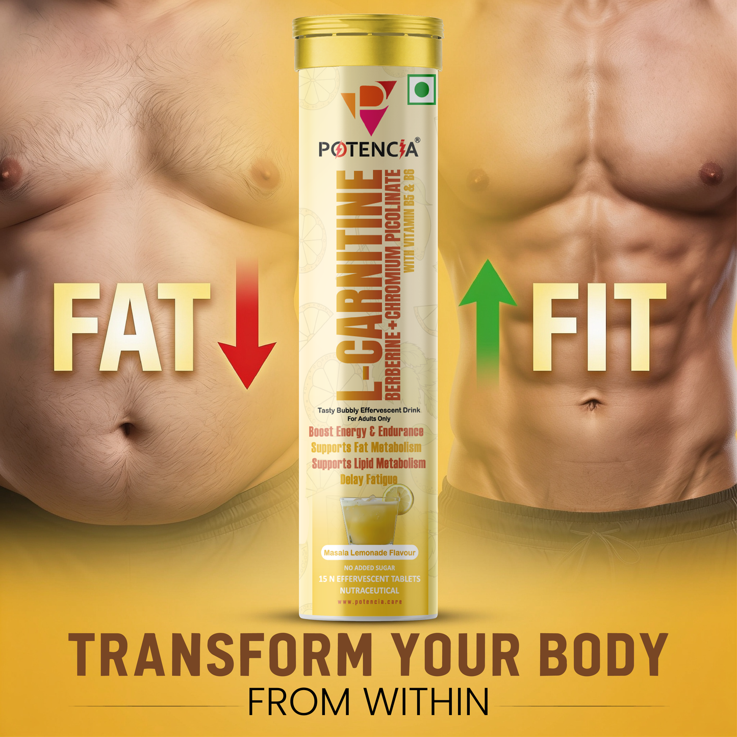 Potencia (Pack of 3) L-Carnitine Effervescent Tablets with Berberine, Chromium Picolinate, Vitamin B5 & B6 | Energy & Fat Metabolism