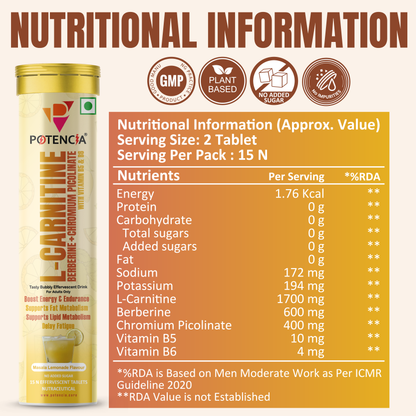 Potencia (Pack of 3) L-Carnitine Effervescent Tablets with Berberine, Chromium Picolinate, Vitamin B5 & B6 | Energy & Fat Metabolism