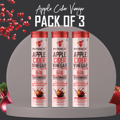 New Pack of 3 Tubes Apple Cider Vinegar Effervescent Tablets with Pomegranate & Beetroot Extract | Metabolism, Digestion & Weight Management Support | With Vitamin B6 & B12