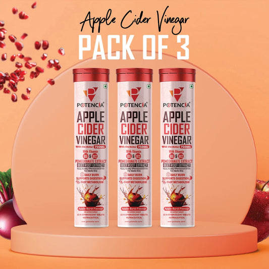 New Pack of 3 Tubes Apple Cider Vinegar Effervescent Tablets with Pomegranate & Beetroot Extract | Metabolism, Digestion & Weight Management Support | With Vitamin B6 & B12