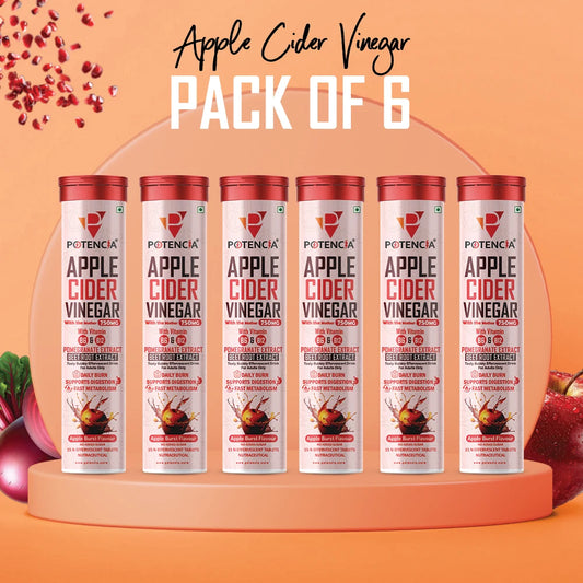 New Pack of 6 Tubes Apple Cider Vinegar Effervescent Tablets with Pomegranate & Beetroot Extract | Metabolism, Digestion & Weight Management Support | With Vitamin B6 & B12