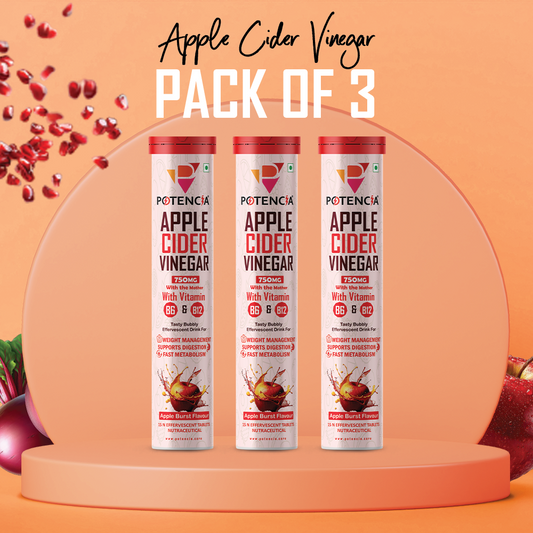 New Pack of 3 Tubes Apple Cider Vinegar Effervescent Tablets with Pomegranate & Beetroot Extract | Metabolism, Digestion & Weight Management Support | With Vitamin B6 & B12