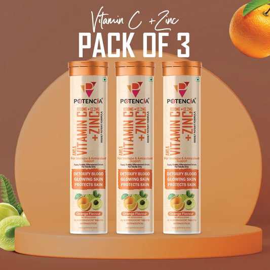 New Pack of 3 Tubes Amla Vitamin C + Zinc Effervescent Tablets | Immune & Antioxidant Support | Orange Flavour