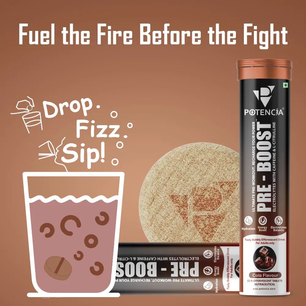 Potencia PRE-BOOST | Pre-Workout Effervescent Tablets | Energy + Hydration + Pump | With Citrulline, Taurine, Caffeine & Beta-Alanine | 15 Tabs/Bottle