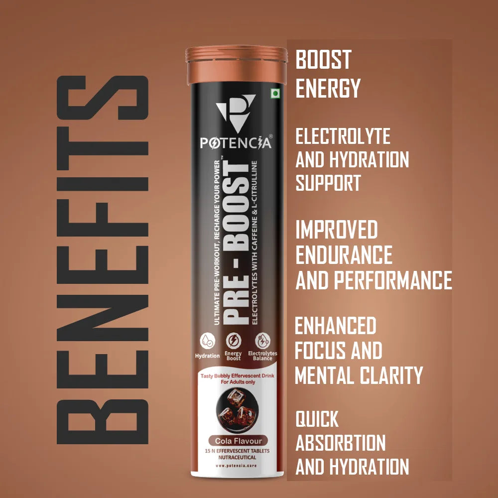 Potencia PRE-BOOST | Pre-Workout Effervescent Tablets | Energy + Hydration + Pump | With Citrulline, Taurine, Caffeine & Beta-Alanine | 15 Tabs/Bottle