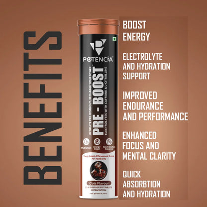 Potencia PRE-BOOST | Pre-Workout Effervescent Tablets | Energy + Hydration + Pump | With Citrulline, Taurine, Caffeine & Beta-Alanine | 15 Tabs/Bottle