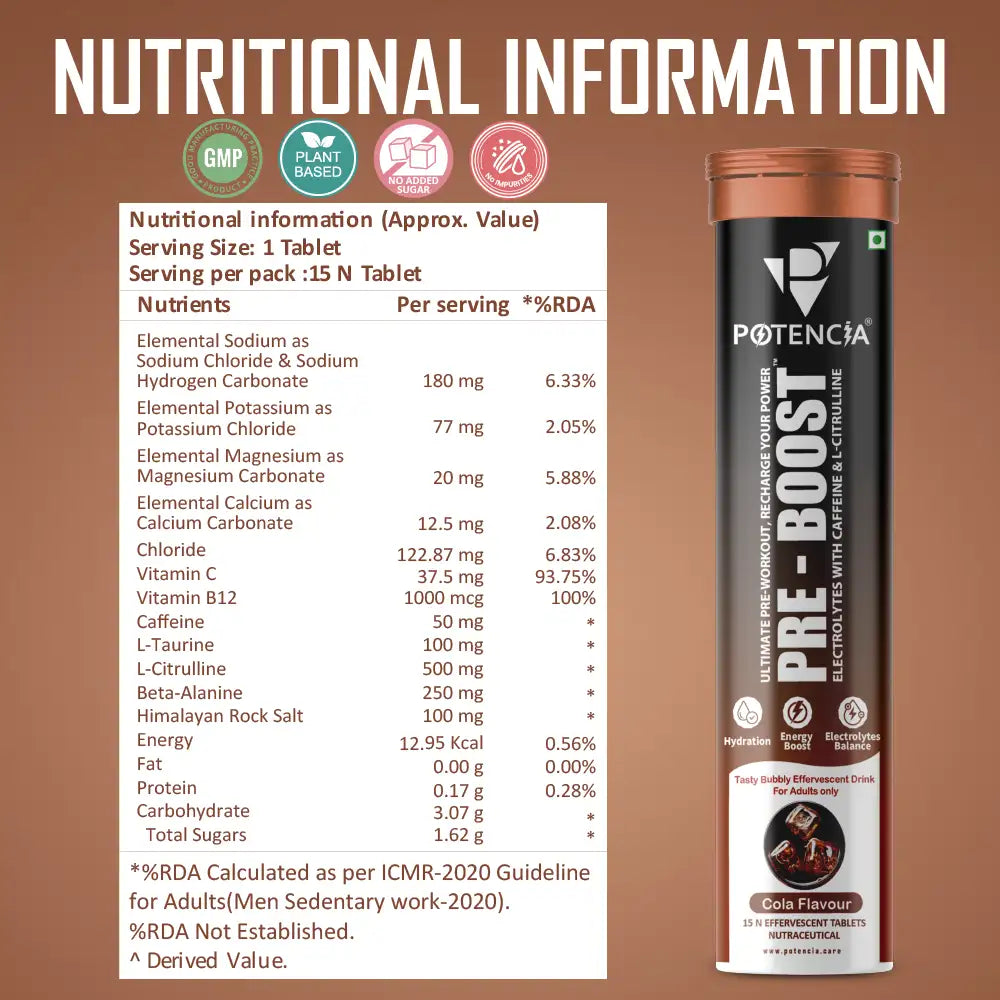 Potencia PRE-BOOST | Pre-Workout Effervescent Tablets | Energy + Hydration + Pump | With Citrulline, Taurine, Caffeine & Beta-Alanine | 15 Tabs/Bottle