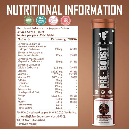Potencia PRE-BOOST | Pre-Workout Effervescent Tablets | Energy + Hydration + Pump | With Citrulline, Taurine, Caffeine & Beta-Alanine | 15 Tabs/Bottle