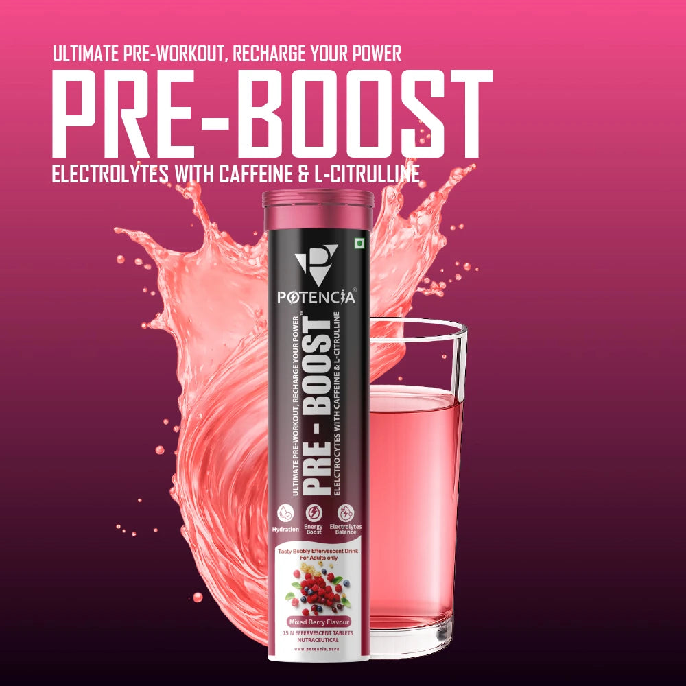 Pack of 3  Potencia PRE-BOOST | Mixed Berry | Pre-Workout Effervescent Tablets | Energy + Hydration + Pump | With Citrulline, Taurine, Caffeine & Beta-Alanine | 45 Tabs/Bottle