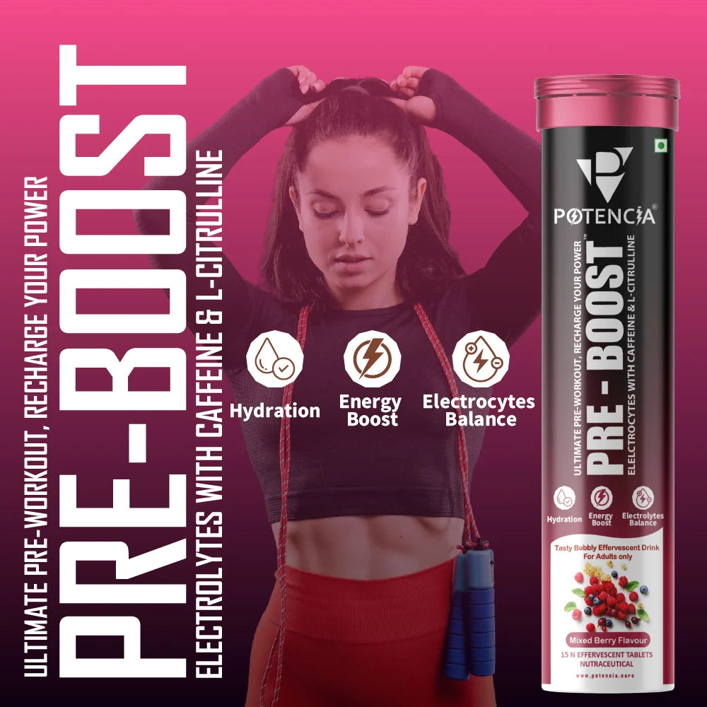 Pack of 3  Potencia PRE-BOOST | Mixed Berry | Pre-Workout Effervescent Tablets | Energy + Hydration + Pump | With Citrulline, Taurine, Caffeine & Beta-Alanine | 45 Tabs/Bottle