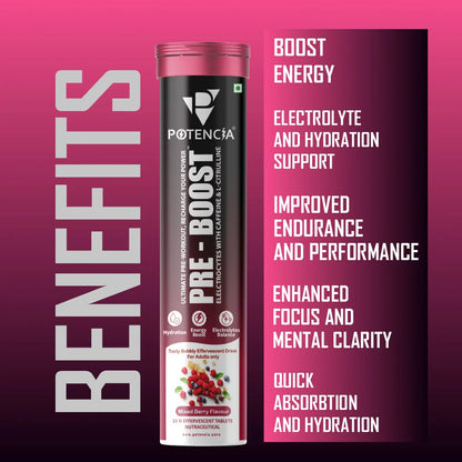 Pack of 3  Potencia PRE-BOOST | Mixed Berry | Pre-Workout Effervescent Tablets | Energy + Hydration + Pump | With Citrulline, Taurine, Caffeine & Beta-Alanine | 45 Tabs/Bottle