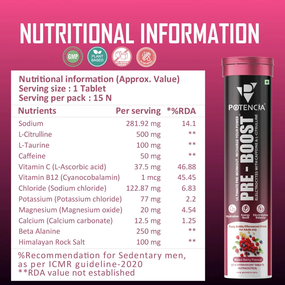 Pack of 3  Potencia PRE-BOOST | Mixed Berry | Pre-Workout Effervescent Tablets | Energy + Hydration + Pump | With Citrulline, Taurine, Caffeine & Beta-Alanine | 45 Tabs/Bottle