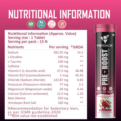 Pack of 3  Potencia PRE-BOOST | Mixed Berry | Pre-Workout Effervescent Tablets | Energy + Hydration + Pump | With Citrulline, Taurine, Caffeine & Beta-Alanine | 45 Tabs/Bottle